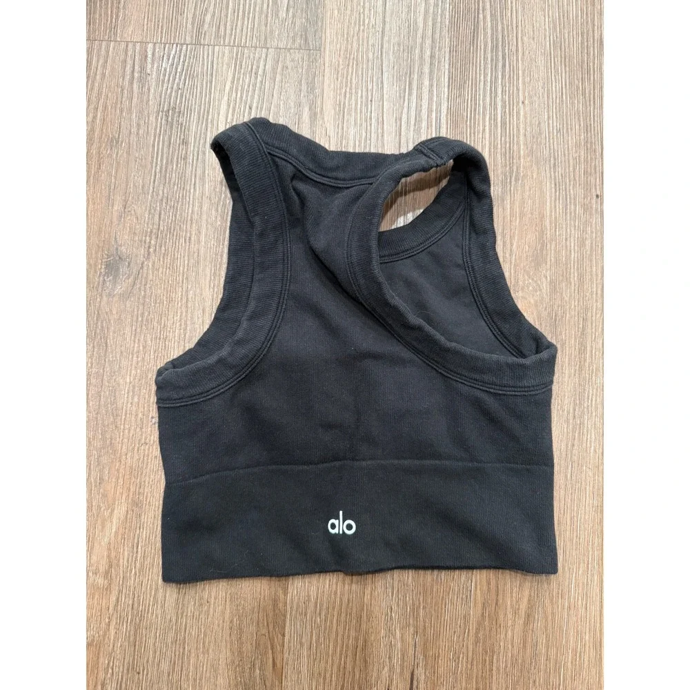Alo Yoga Women Black Seamless Ribbed High Neck Racerback Sports Bra Top 402